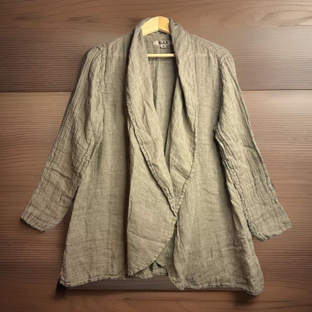Flax M Oversized Jacket Cardigan Olive Green Tan‎ Open Lagenlook Artsy Coastal